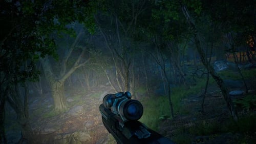 4K Fake forest shooter at night. 3D forest shooter