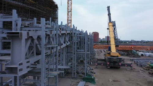 Details of Metal Carcass and Tower Cranes Near Stadium