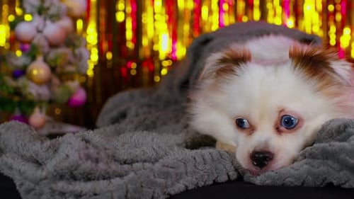 Dog Relaxing Near Christmas Tree with Lights