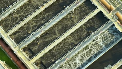 Aerial View of Modern Water Cleaning Facility at Urban Wastewater Treatment Plant
