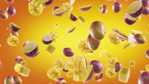 Mango mit Scheiben auf orangefarbenem Hintergrund