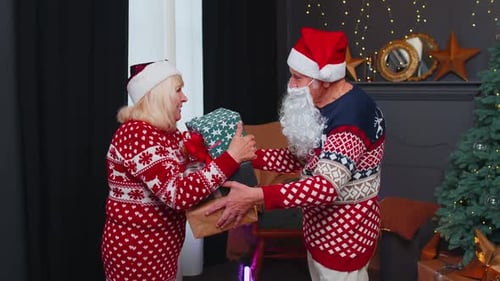 Elderly Couple Exchanging Christmas Gifts Indoors
