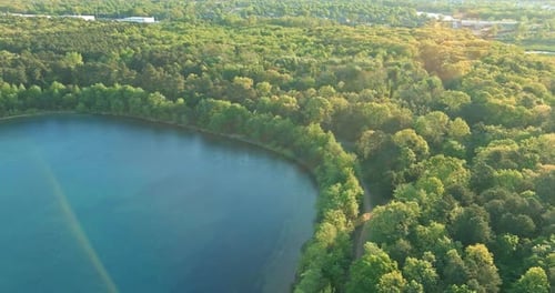 Aerial View of Pond on a Sunny Summer Day Forest Panorama