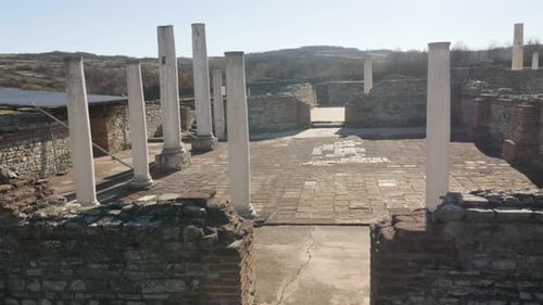 GAMZIGRAD, SERBIA - DECEMBER 25, 2017 Slow tilt on temple hall columns of Felix Romuliana built by