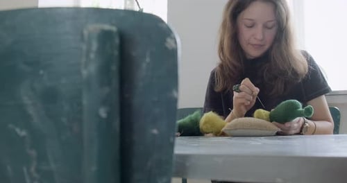 Young Adult Crafting Felt Stuffed Toy at Home