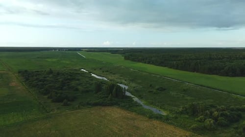 Ländliche Landschaft. Grüne Wälder und Felder. Der Fluss fließt. Luftbildfotografie.