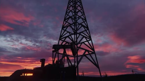 Industrial Oil Derrick and Pump Jack Animation with Sunset Sky