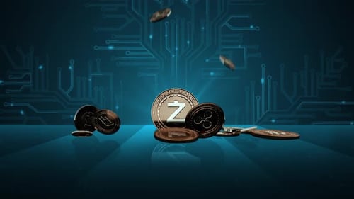 Digital Cryptocurrency Coins Falling on Circuit Board Background