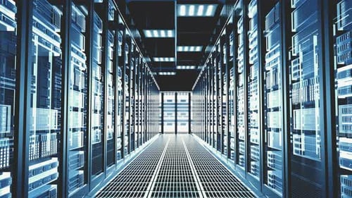 Futuristic Data Center Server Room with Glowing Digital Information Flow