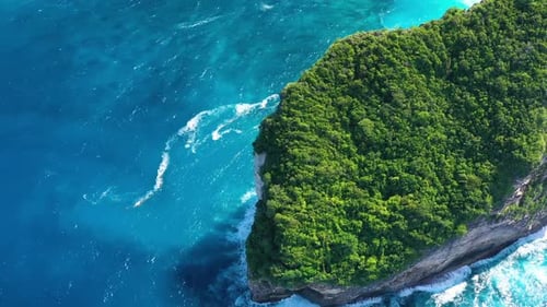 Kelingking beach, Nusa Penida, Bali, Indonesia. Aerial view at sea and rocks