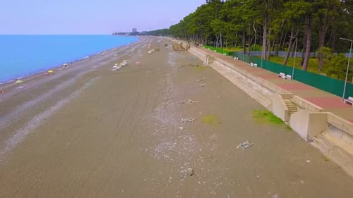 View from drone to beach along sea with green vegetation. Georgia. Kobuleti.