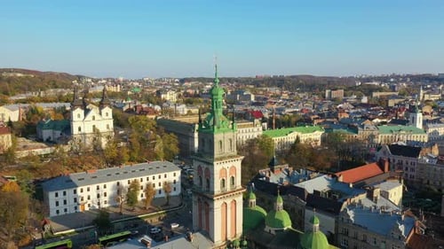 Aerial Video of Uspinska Church in in Central Part of Old City of Lviv, Ukraine