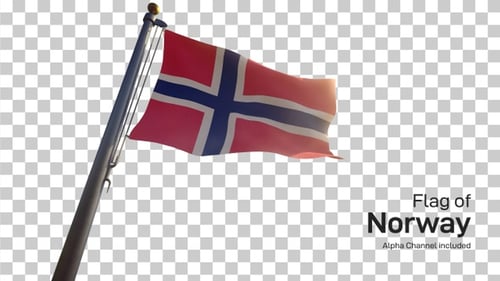 Waving Norway Flag on Flagpole with Transparent Background