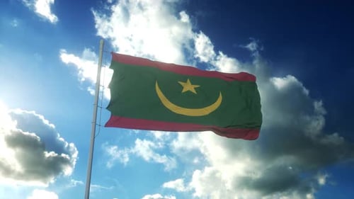 Mauritania Flag Waving in Realistic Sky