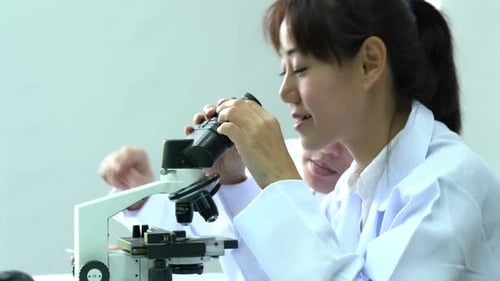 Scientist female setup microscope