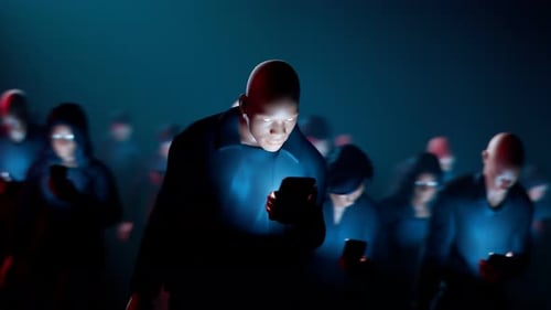 Man hypnotized by his mobile walks in the dark crowd. Zombie walk. Mind control