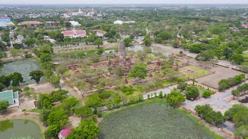 Aerial view of temple in Ayutthaya Province, Bangkok City, Thailand