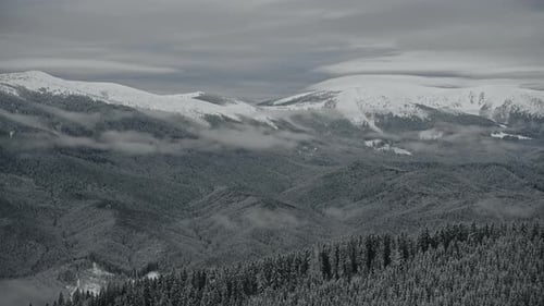 Scenic Winter Landscape in the Mountains with Clouds Above and Below and Woods Covered in Snow