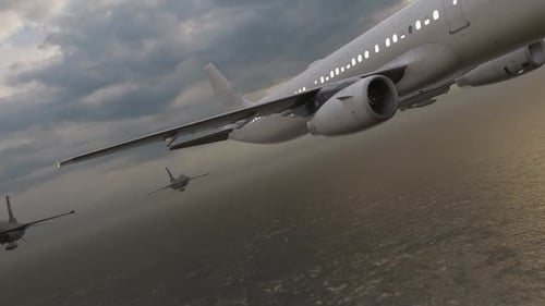 Passenger Airplane and Fighter Jets Flying Above Ocean