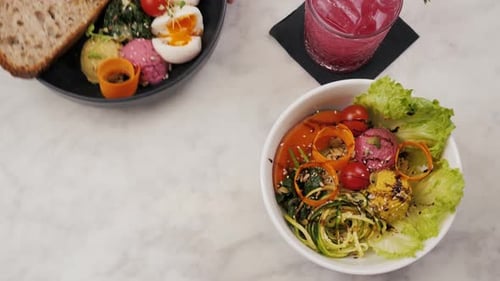 Healthy Eating, Dieting and People Concept - Close Up Breakfast Brunch Eggs Vegetable Salad