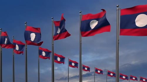 Die laotischen Flaggen wehen im Wind - 4K