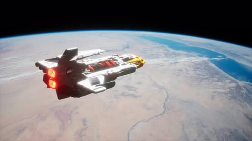 Futuristic Spaceship Flight Above Planet Earth