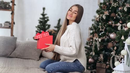 Woman Holding Christmas Gift Near Decorated Tree