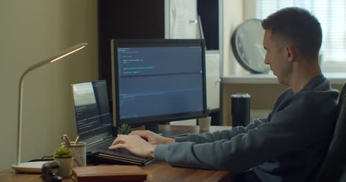 Man Coding Html and Programming on Screen Monitors, Development Web, Developer
