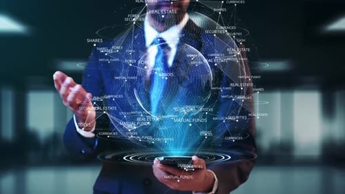 AUTOMATION Text with Businessman Digital Virtual Screen HUD Click Hologram Concept