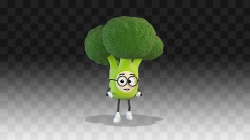 3D Cartoon Broccoli Character with Glasses Walking Loop