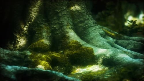 Tree with Moss on Roots in a Green Forest
