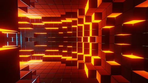 Abstraktes Fliegen im futuristischen Korridor oder Tunnel Orange Neon leuchtende Würfel 3d Rendern Nahtlose Schleife
