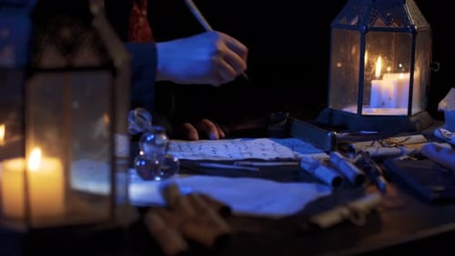 Writer Working by Candlelight with Quill and Ink