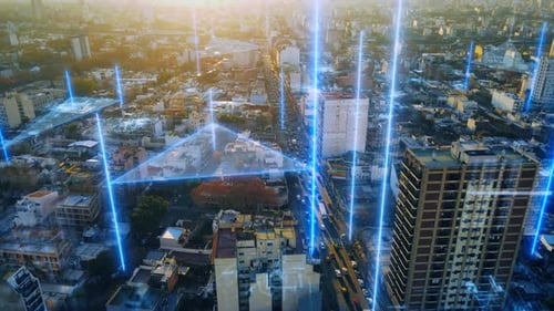Aerial drone shot of future concept with glowing digital lines connecting city - Urban Traffic on Ro
