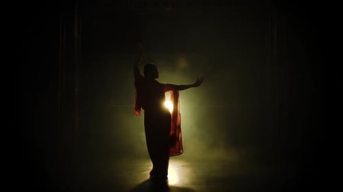 Silhouette une jeune danseuse dans un sari rouge. Danse folklorique indienne. Tourné dans un studio sombre avec de la fumée