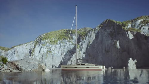 Yacht in the Sea with Greeny Rocky Island
