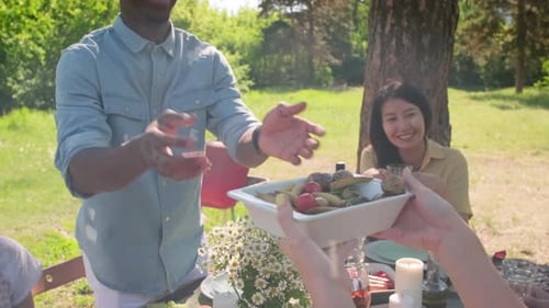 Diverse Friends Enjoy Outdoor Meal in Sunny Meadow