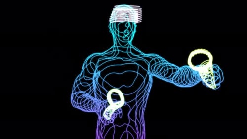 Neon Futuristic Human Figure Exercising in Virtual Reality