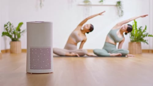 Two Women Practicing Yoga with Air Purifier at Home