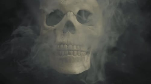 Human skull with outpouring smoke fumes medium shot