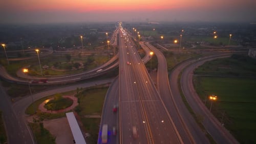 4K : Aerial hyperlapse drone shot of fast moving Highway road.