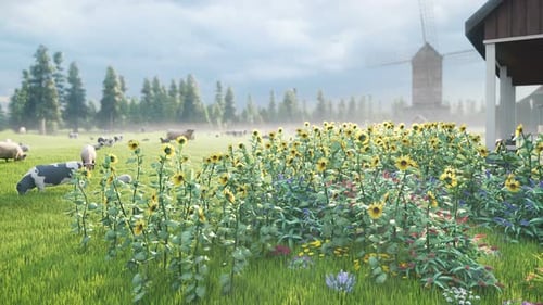 Animated Farm Landscape with Grazing Animals and Blooming Sunflowers