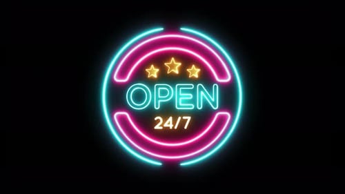 Neon Open 24/7 Sign Animation with Glowing Stars