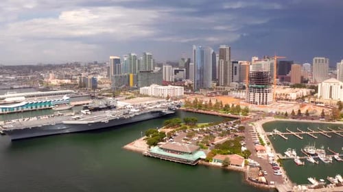 Aerial View of the San Diego Skyline and the USS Midway Museum