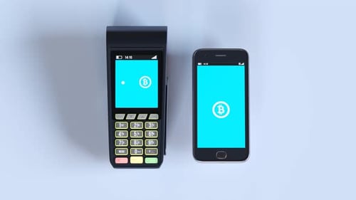 Drahtloses Bezahlen vom Smartphone zum Zahlungsterminal. Bitcoin-Übertragung. 4KHD