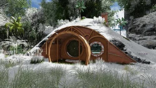 Magical Hobbit Home with Falling Snow