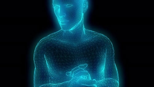 Glowing Wireframe Human Body Scan Rotating Hologram