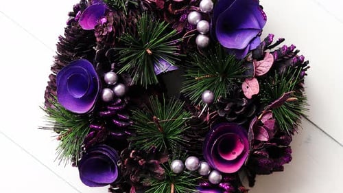 Festive Purple Christmas Wreath with Flowers and Baubles
