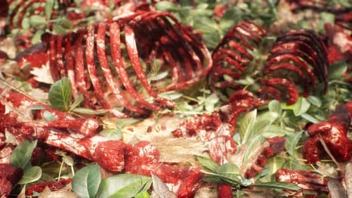 Bloody Skeleton Bones and Ribs in a Gruesome Forest Scene