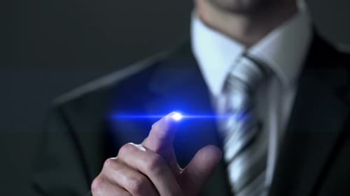 Suited Man Touches Invisible Screen: Word Strength